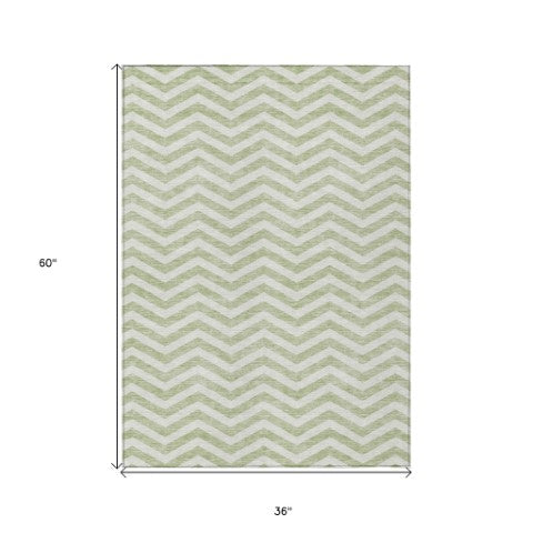 Homeroots 3' Artichoke Green And Ivory Chevron Washable Indoor Outdoor Area Rug For Stylish Spaces 3' X 5' Polyester 595289