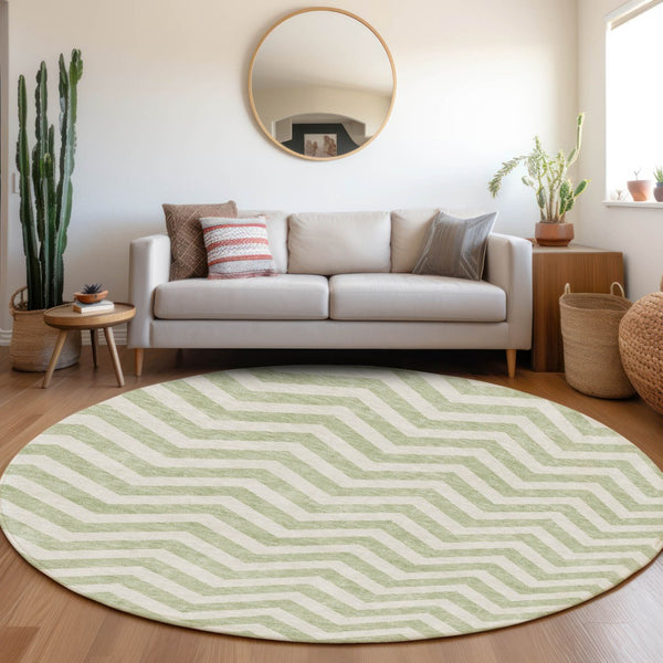Homeroots 3' Artichoke Green And Ivory Chevron Washable Indoor Outdoor Area Rug For Stylish Spaces 8' Round Polyester 595291