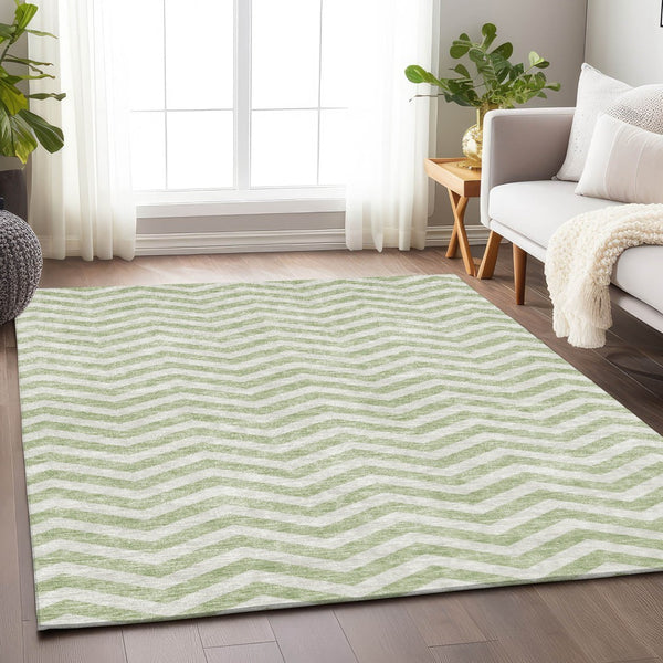 Homeroots 3' Artichoke Green And Ivory Chevron Washable Indoor Outdoor Area Rug For Stylish Spaces 9' X 12' Polyester 595293