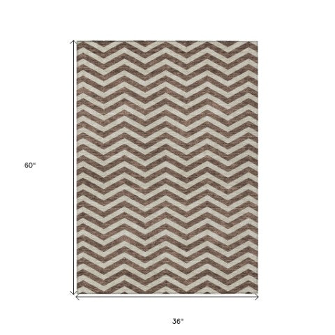 Homeroots 3' Artichoke Green And Ivory Chevron Washable Indoor Outdoor Area Rug For Stylish Spaces 3' X 5' Polyester 595301