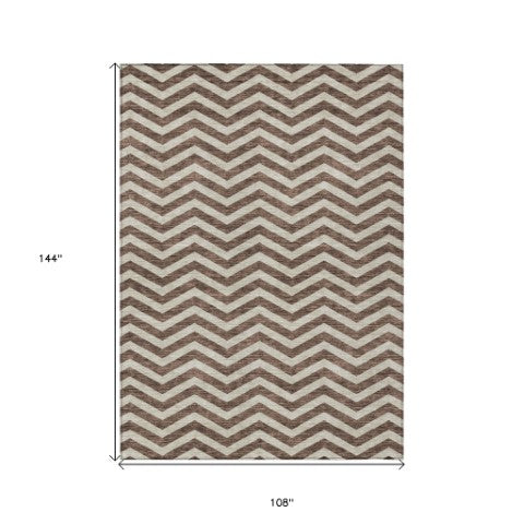 Homeroots 3' Artichoke Green And Ivory Chevron Washable Indoor Outdoor Area Rug For Stylish Spaces 9' X 12' Polyester 595305
