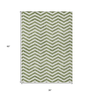 Homeroots 3' Artichoke Green And Ivory Chevron Washable Indoor Outdoor Area Rug For Stylish Spaces 3' X 5' Polyester 595307