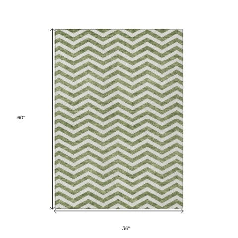 Homeroots 3' Artichoke Green And Ivory Chevron Washable Indoor Outdoor Area Rug For Stylish Spaces 3' X 5' Polyester 595307