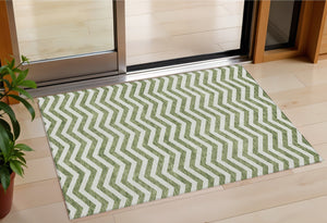 Homeroots 3' Artichoke Green And Ivory Chevron Washable Indoor Outdoor Area Rug For Stylish Spaces 3' X 5' Polyester 595307