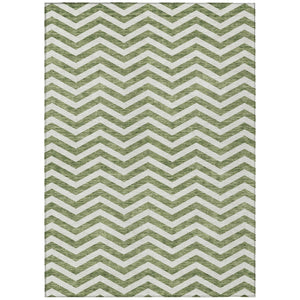 Homeroots 3' Artichoke Green And Ivory Chevron Washable Indoor Outdoor Area Rug For Stylish Spaces 5' X 8' Polyester 595308