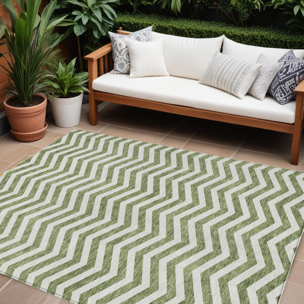 Homeroots 3' Artichoke Green And Ivory Chevron Washable Indoor Outdoor Area Rug For Stylish Spaces 8' X 10' Polyester 595310