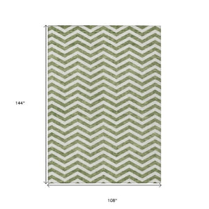 Homeroots 3' Artichoke Green And Ivory Chevron Washable Indoor Outdoor Area Rug For Stylish Spaces 9' X 12' Polyester 595311
