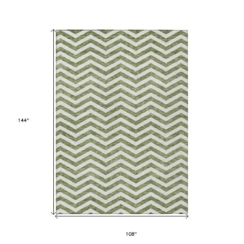 Homeroots 3' Artichoke Green And Ivory Chevron Washable Indoor Outdoor Area Rug For Stylish Spaces 9' X 12' Polyester 595311