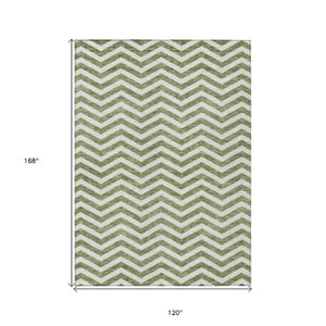 Homeroots 3' Artichoke Green And Ivory Chevron Washable Indoor Outdoor Area Rug For Stylish Spaces 10' X 14' Polyester 595312
