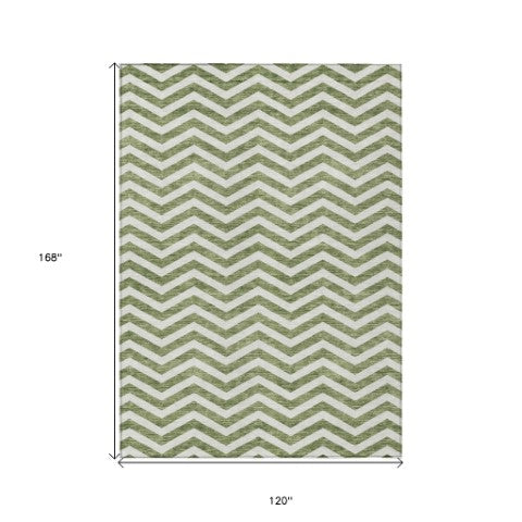 Homeroots 3' Artichoke Green And Ivory Chevron Washable Indoor Outdoor Area Rug For Stylish Spaces 10' X 14' Polyester 595312