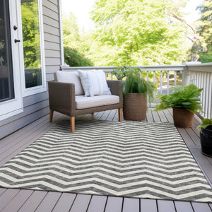 Homeroots 3' Artichoke Green And Ivory Chevron Washable Indoor Outdoor Area Rug For Stylish Spaces 8' X 10' Polyester 595316