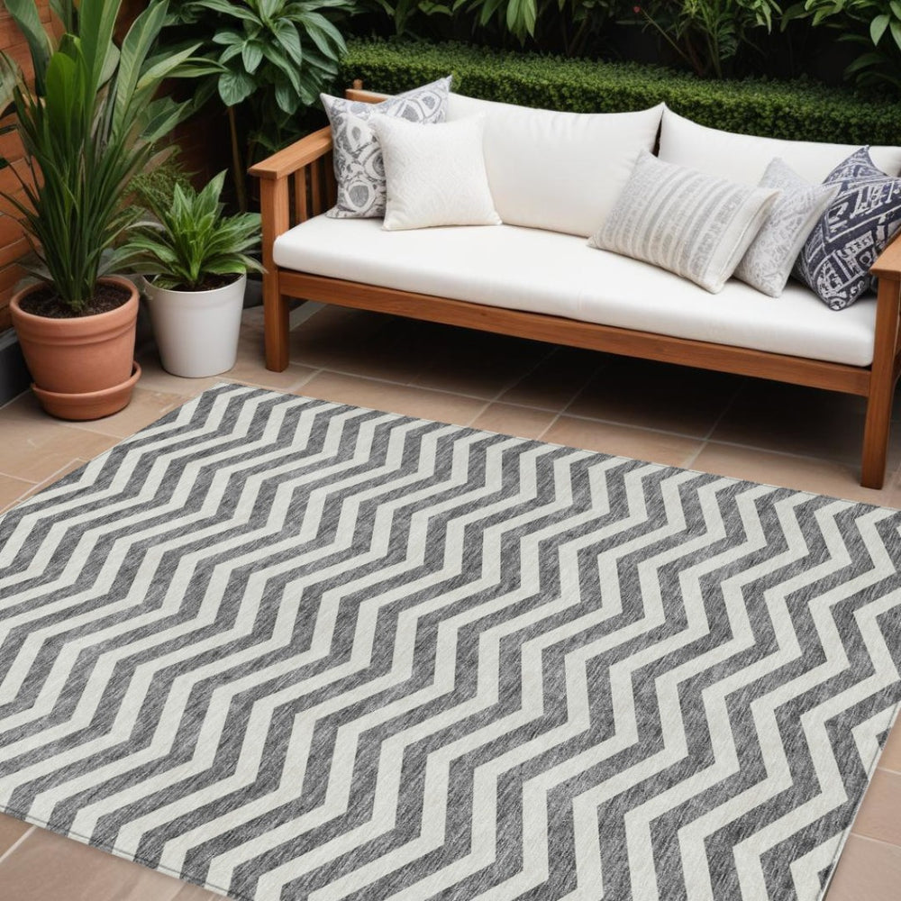 HomeRoots 9' X 12' Stylish Gray and Ivory Chevron Area Rug - Durable, Washable for Indoor & Outdoor Use! 595317