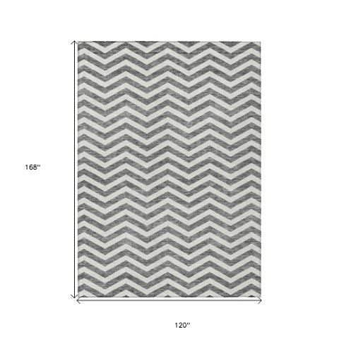 Homeroots 3' Artichoke Green And Ivory Chevron Washable Indoor Outdoor Area Rug For Stylish Spaces 10' X 14' Polyester 595318