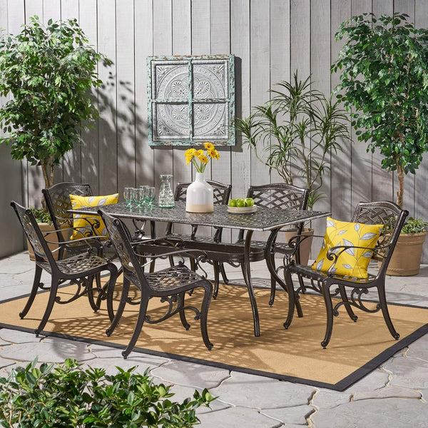 English Elm Christopher Knight Home® - Ravenna Bronze 6-Person Cast Aluminum Patio Dining Set with Floral Lattice Table, Rust-Resistant 54589.00BZE-6_57704.00