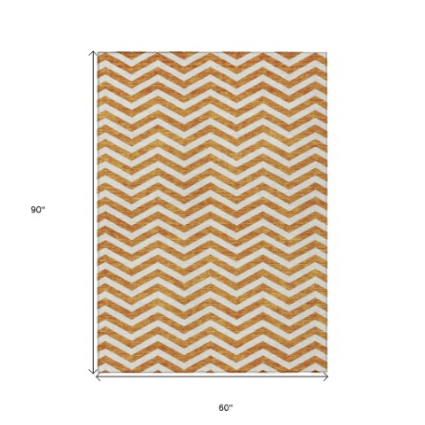 Homeroots 3' Artichoke Green And Ivory Chevron Washable Indoor Outdoor Area Rug For Stylish Spaces 5' X 8' Polyester 595332