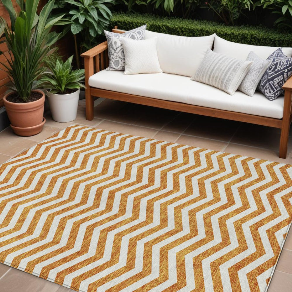 HomeRoots 9' X 12' Vibrant Orange and Beige Chevron Area Rug – Stylish, Washable, Perfect for Indoor & Outdoor Use! 595335
