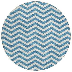 HomeRoots 5' Teal Blue and Ivory Chevron Area Rug - Durable, Washable, Stylish for Indoor and Outdoor Spaces 8' Round 595357