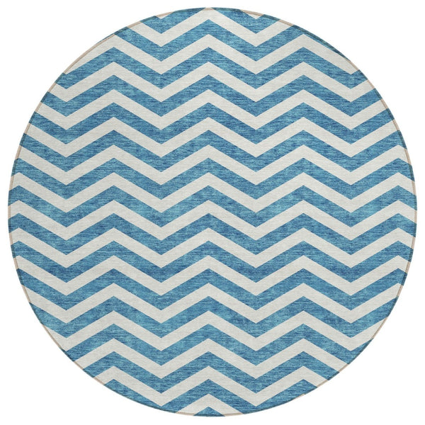 HomeRoots 5' Teal Blue and Ivory Chevron Area Rug - Durable, Washable, Stylish for Indoor and Outdoor Spaces 8' Round 595357