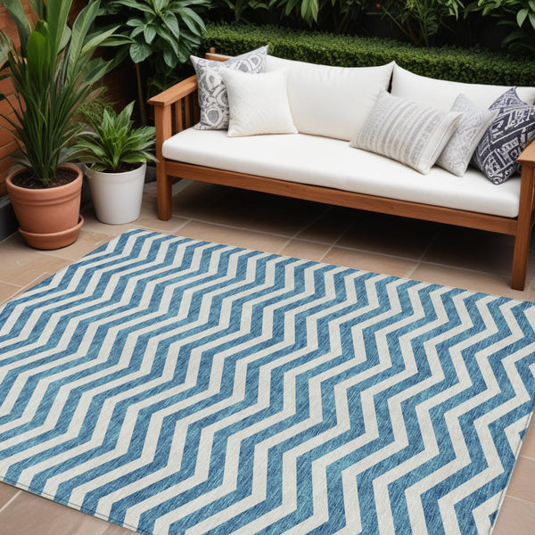 Homeroots 3' Artichoke Green And Ivory Chevron Washable Indoor Outdoor Area Rug For Stylish Spaces 9' X 12' Polyester 595359