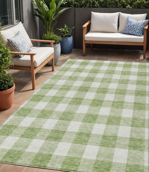 Homeroots 3' Artichoke Green And Gray Plaid Washable Rug – Perfect For Indoor And Outdoor Spaces, Durable Design 5' X 8' Polyester 595362