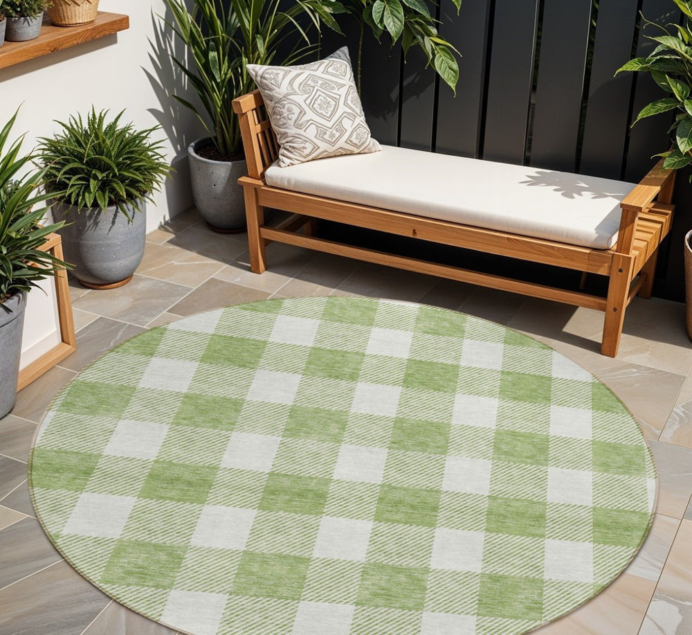 HomeRoots 5' Artichoke Green and Gray Plaid Washable Area Rug – Durable, Stylish, and Ideal for Indoor/Outdoor Use 8' Round 595363