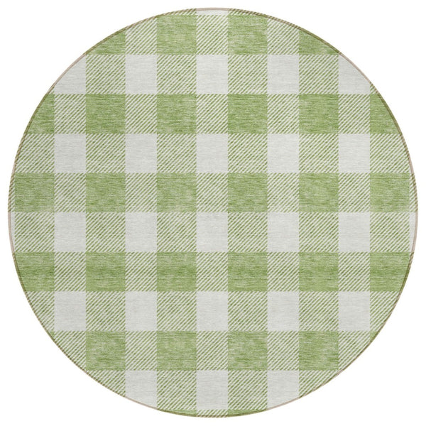 HomeRoots 5' Artichoke Green and Gray Plaid Washable Area Rug – Durable, Stylish, and Ideal for Indoor/Outdoor Use 8' Round 595363