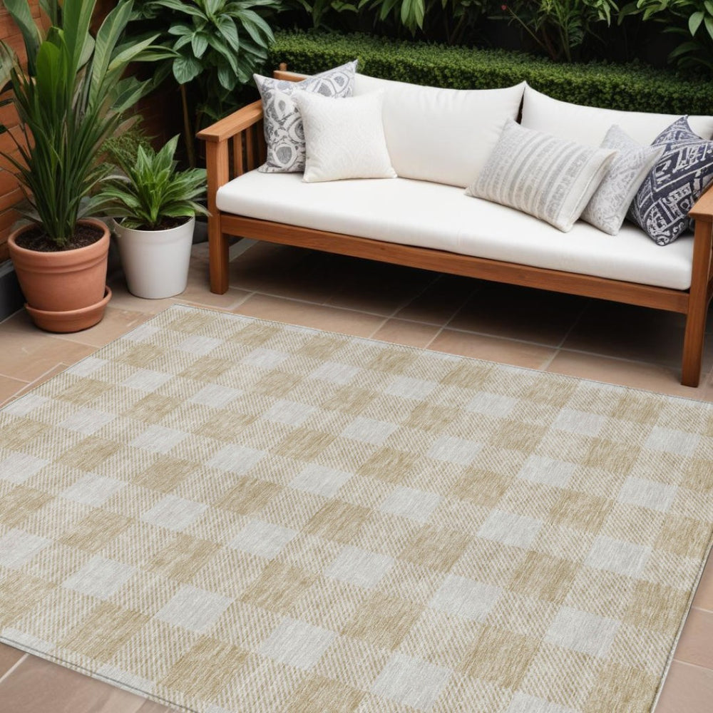 HomeRoots 9' X 12' Beige and Gray Plaid Indoor Outdoor Area Rug – Durable, Washable, Perfect for Homes & Patios 595371