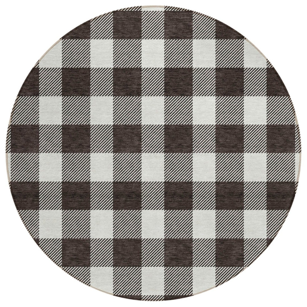 HomeRoots 5' Black and Gray Plaid Washable Area Rug for Indoor and Outdoor Spaces – Durable, Stylish, Easy Care 8' Round 595375