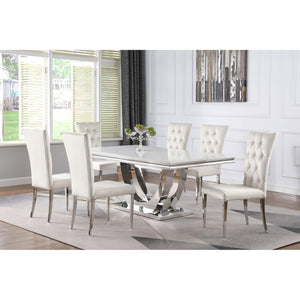 English Elm Allessandra Sleek White Faux Marble Dining Table with Beveled Edge and Chrome U-Shaped Base, 71" B062S00726