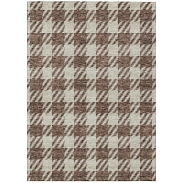 HomeRoots 5' Brown and Beige Plaid Washable Area Rug – Durable, Stylish for Indoor and Outdoor Living Spaces 5' X 8' 595380