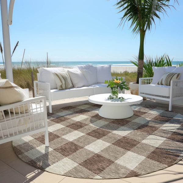 Homeroots 3' Artichoke Green And Gray Plaid Washable Rug – Perfect For Indoor And Outdoor Spaces, Durable Design 8' Round Polyester 595381