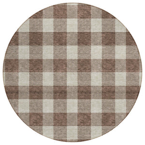 HomeRoots 5' Brown and Beige Plaid Washable Area Rug – Durable, Stylish for Indoor and Outdoor Living Spaces 8' Round 595381