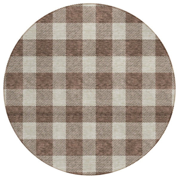 HomeRoots 5' Brown and Beige Plaid Washable Area Rug – Durable, Stylish for Indoor and Outdoor Living Spaces 8' Round 595381