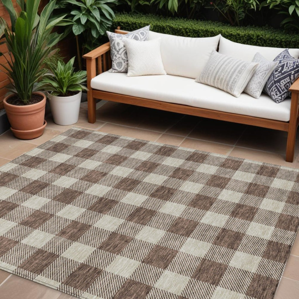 HomeRoots 9' X 12' Brown and Beige Plaid Area Rug - Durable, Washable, Stylish for Indoor & Outdoor Spaces! 595383