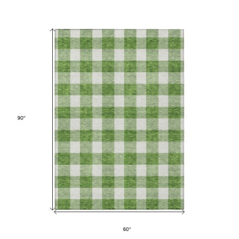 Homeroots 3' Artichoke Green And Gray Plaid Washable Rug – Perfect For Indoor And Outdoor Spaces, Durable Design 5' X 8' Polyester 595386
