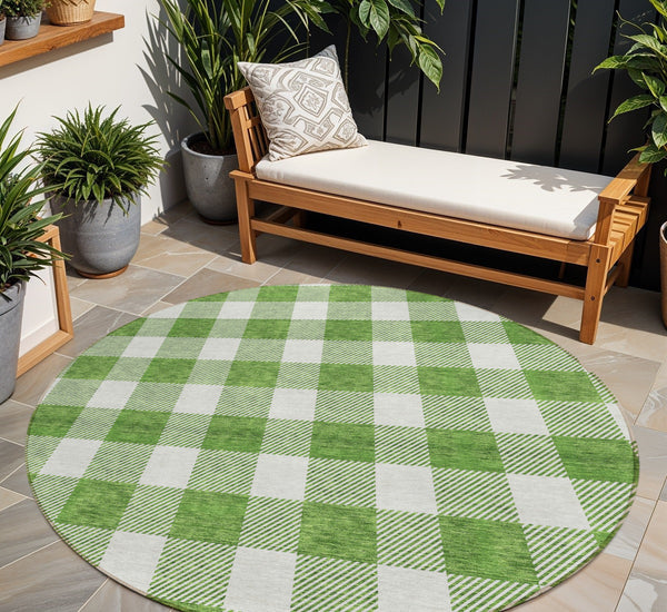 Homeroots 3' Artichoke Green And Gray Plaid Washable Rug – Perfect For Indoor And Outdoor Spaces, Durable Design 8' Round Polyester 595387