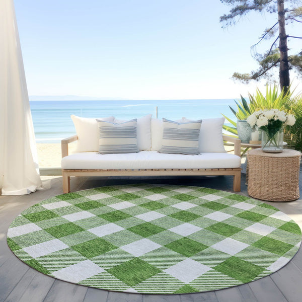 Homeroots 3' Artichoke Green And Gray Plaid Washable Rug – Perfect For Indoor And Outdoor Spaces, Durable Design 8' Round Polyester 595387
