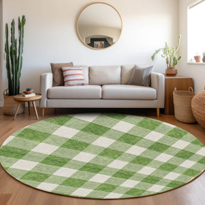 Homeroots 3' Artichoke Green And Gray Plaid Washable Rug – Perfect For Indoor And Outdoor Spaces, Durable Design 8' Round Polyester 595387