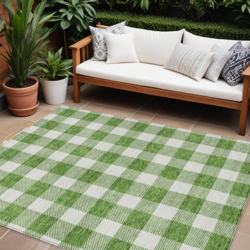 HomeRoots 9' X 12' Green And Gray Plaid Area Rug - Durable, Washable, Stylish for Indoor & Outdoor Spaces! 595389