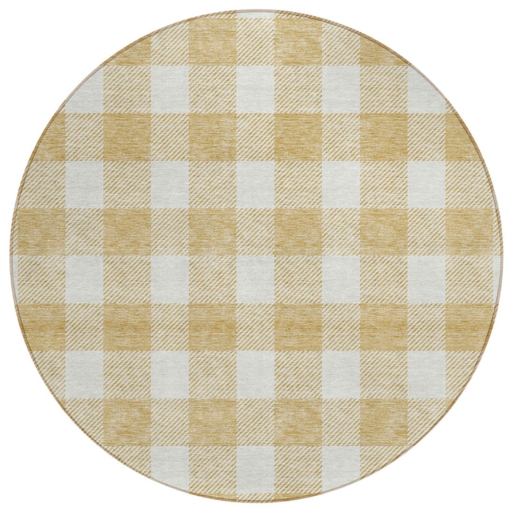 HomeRoots 5' Gold and Beige Plaid Area Rug - Durable, Washable, Stylish for Indoor and Outdoor Spaces 8' Round 595393