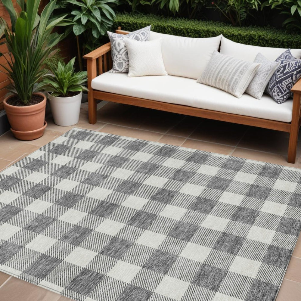 HomeRoots 9' X 12' Gray Plaid Washable Area Rug - Durable Indoor/Outdoor Design, Stain-Resistant & Easy Care 595401