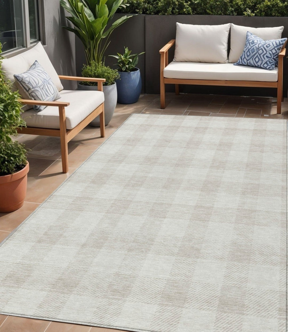 HomeRoots 5' Elegant Ivory and Beige Plaid Area Rug for Indoor/Outdoor Use - Durable, Washable, Stylish Design 5' X 8' 595404