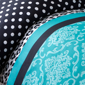 JLA Home Mi Zone - Comforter Chloe mixed polka dot, damask & leopard in black white teal with embroidered pillow, washable 90 L x 86 W x 1.5H MZ10-226