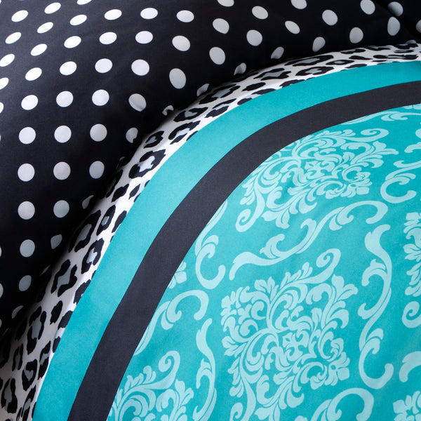 JLA Home Mi Zone - Comforter Chloe mixed polka dot, damask & leopard in black white teal with embroidered pillow, washable 90 L x 86 W x 1.5H MZ10-226