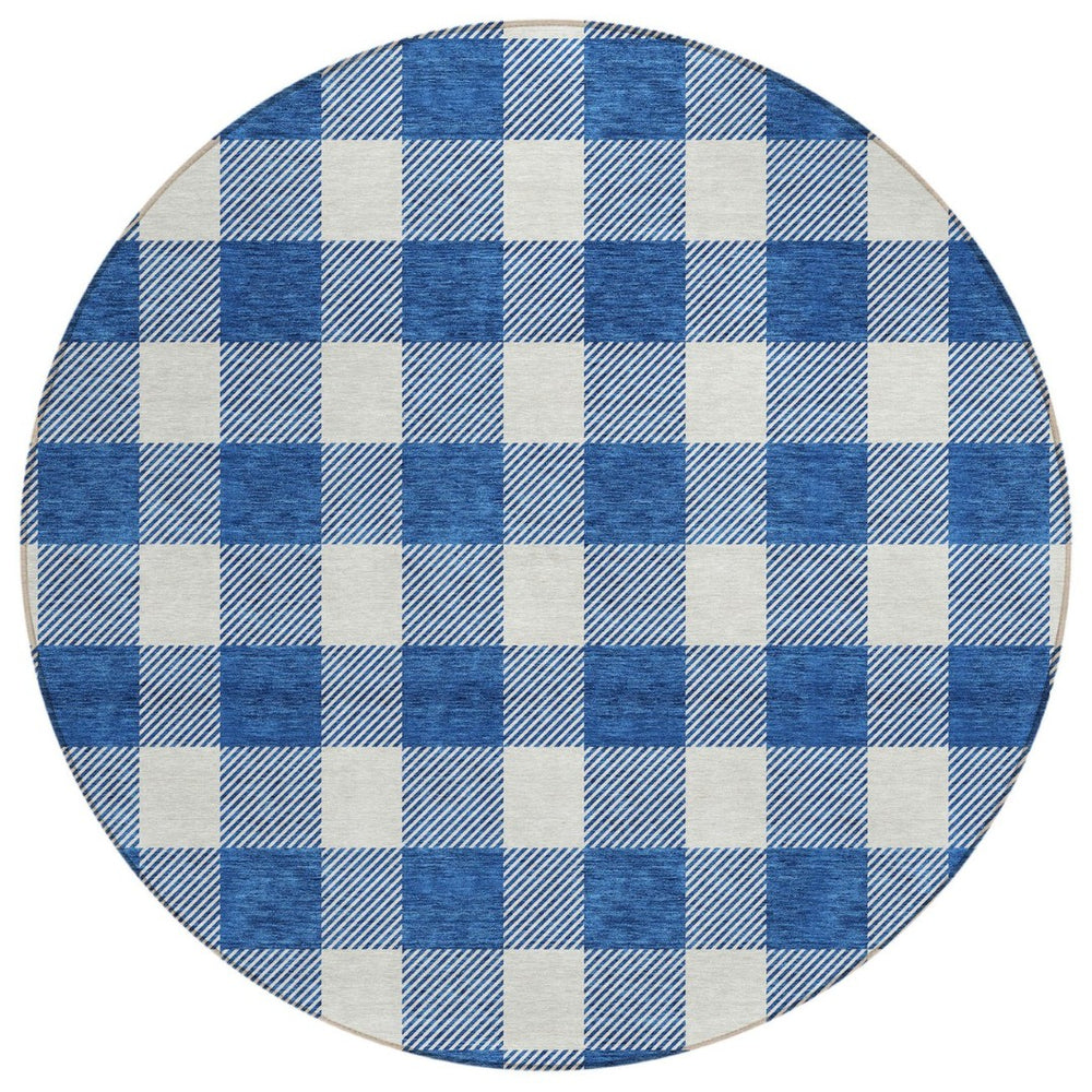 HomeRoots 5' Navy Blue and Gray Plaid Area Rug - Durable, Washable Design for Indoor and Outdoor Use 8' Round 595411