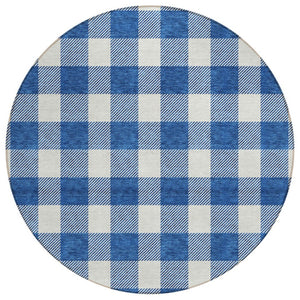HomeRoots 5' Navy Blue and Gray Plaid Area Rug - Durable, Washable Design for Indoor and Outdoor Use 8' Round 595411