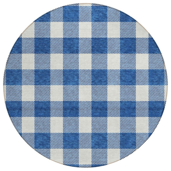 HomeRoots 5' Navy Blue and Gray Plaid Area Rug - Durable, Washable Design for Indoor and Outdoor Use 8' Round 595411