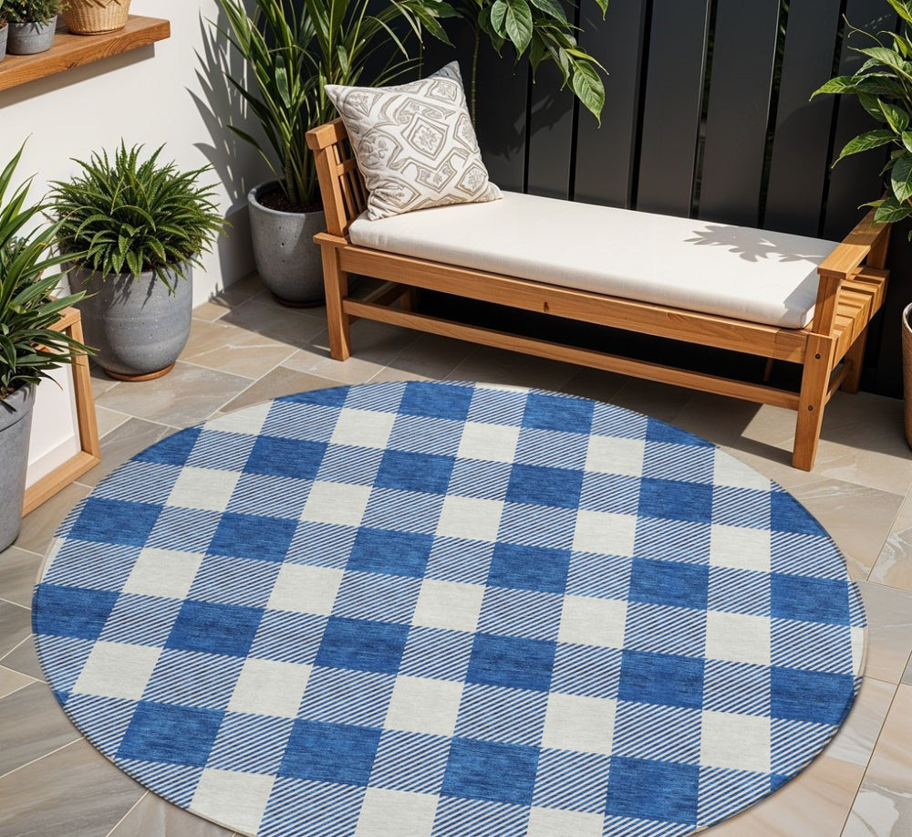 HomeRoots 5' Navy Blue and Gray Plaid Area Rug - Durable, Washable Design for Indoor and Outdoor Use 8' Round 595411