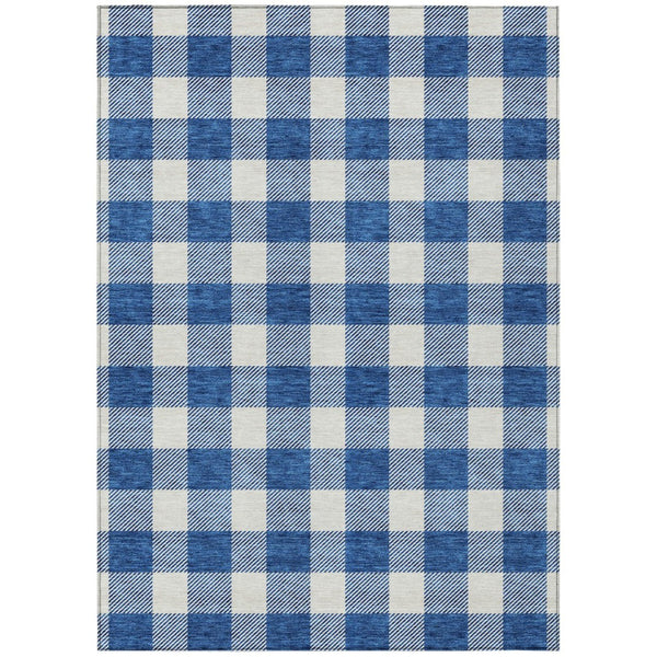 HomeRoots 5' Navy Blue and Gray Plaid Area Rug - Durable, Washable Design for Indoor and Outdoor Use 8' X 10' 595412