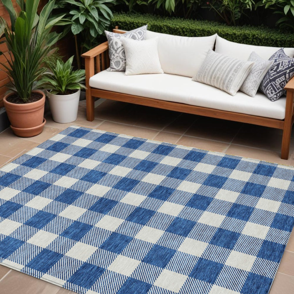 HomeRoots 9' X 12' Navy Blue & Gray Plaid Area Rug - Durable, Washable, Perfect for Indoor & Outdoor Spaces 595413